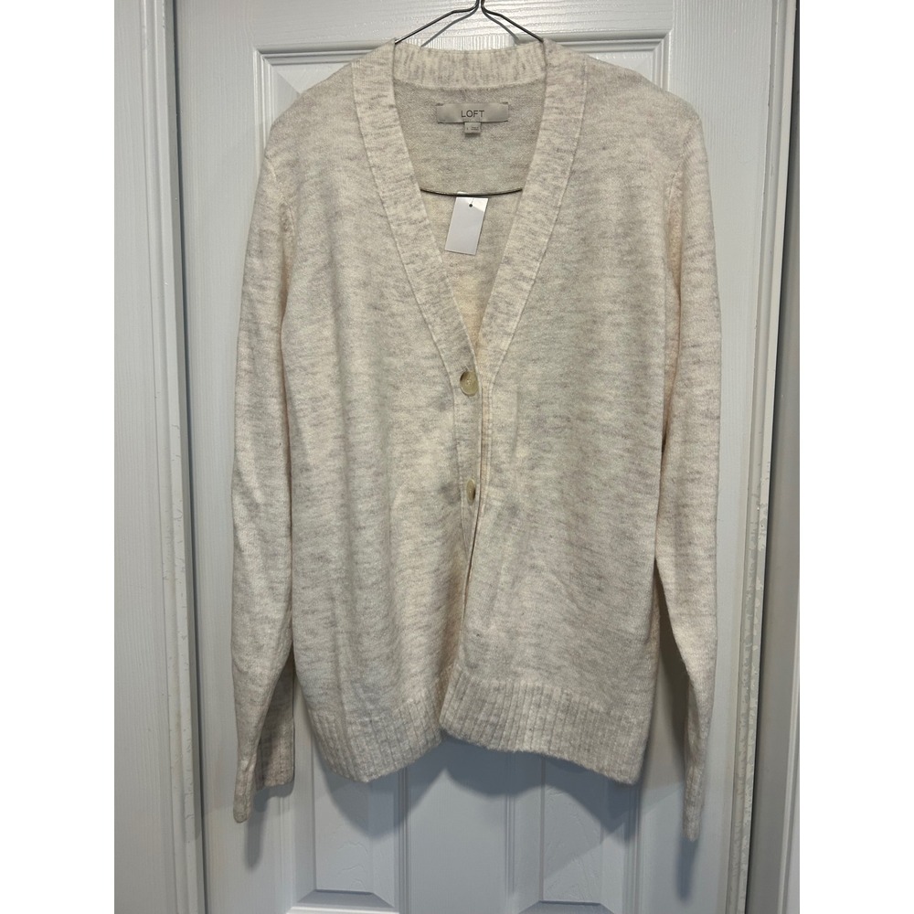 LOFT Womens V-Neck Button Front Cardigan Sweater Oatmeal Heather Size L NEW
